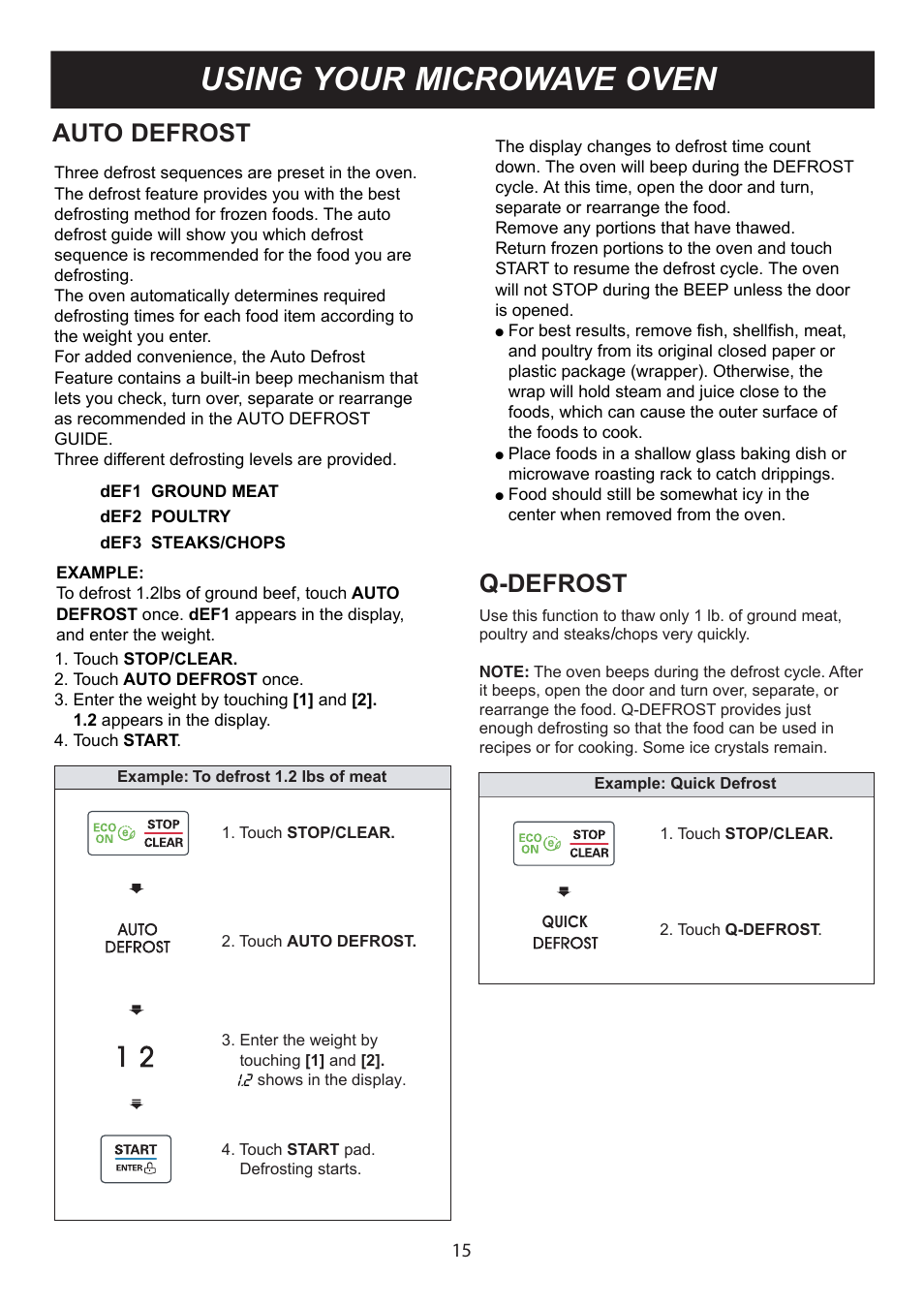 Using your microwave oven, Auto defrost, Q-defrost | LG LCS1112ST User Manual | Page 15 / 25