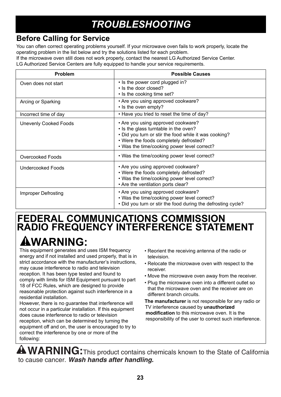 Warning, Troubleshooting, Before calling for service | LG LCS1112ST User Manual | Page 23 / 25