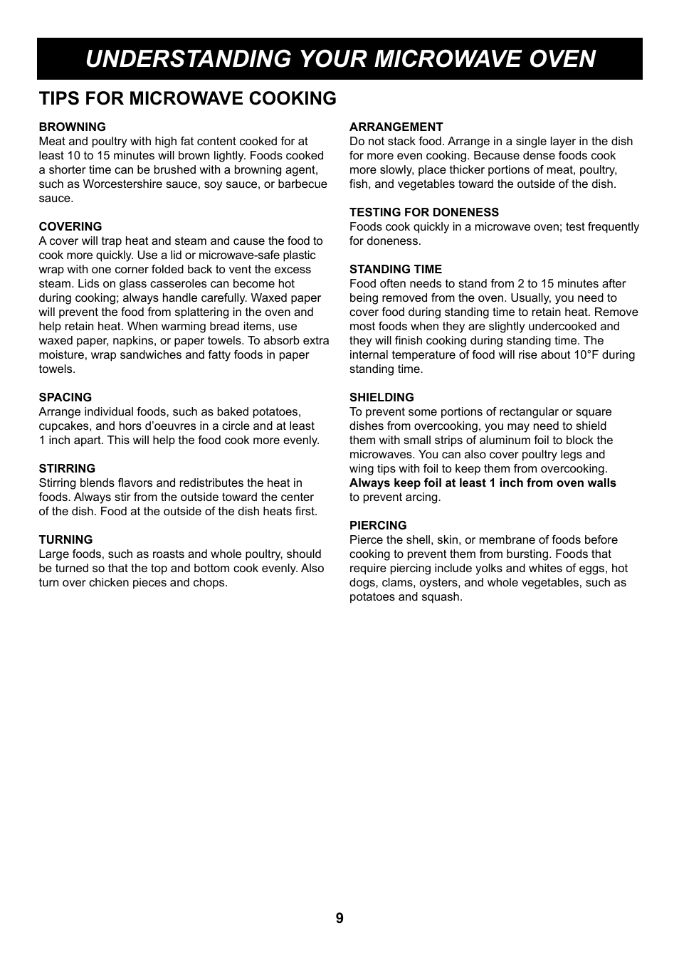 Understanding your microwave oven, Tips for microwave cooking | LG LCS1112ST User Manual | Page 9 / 25