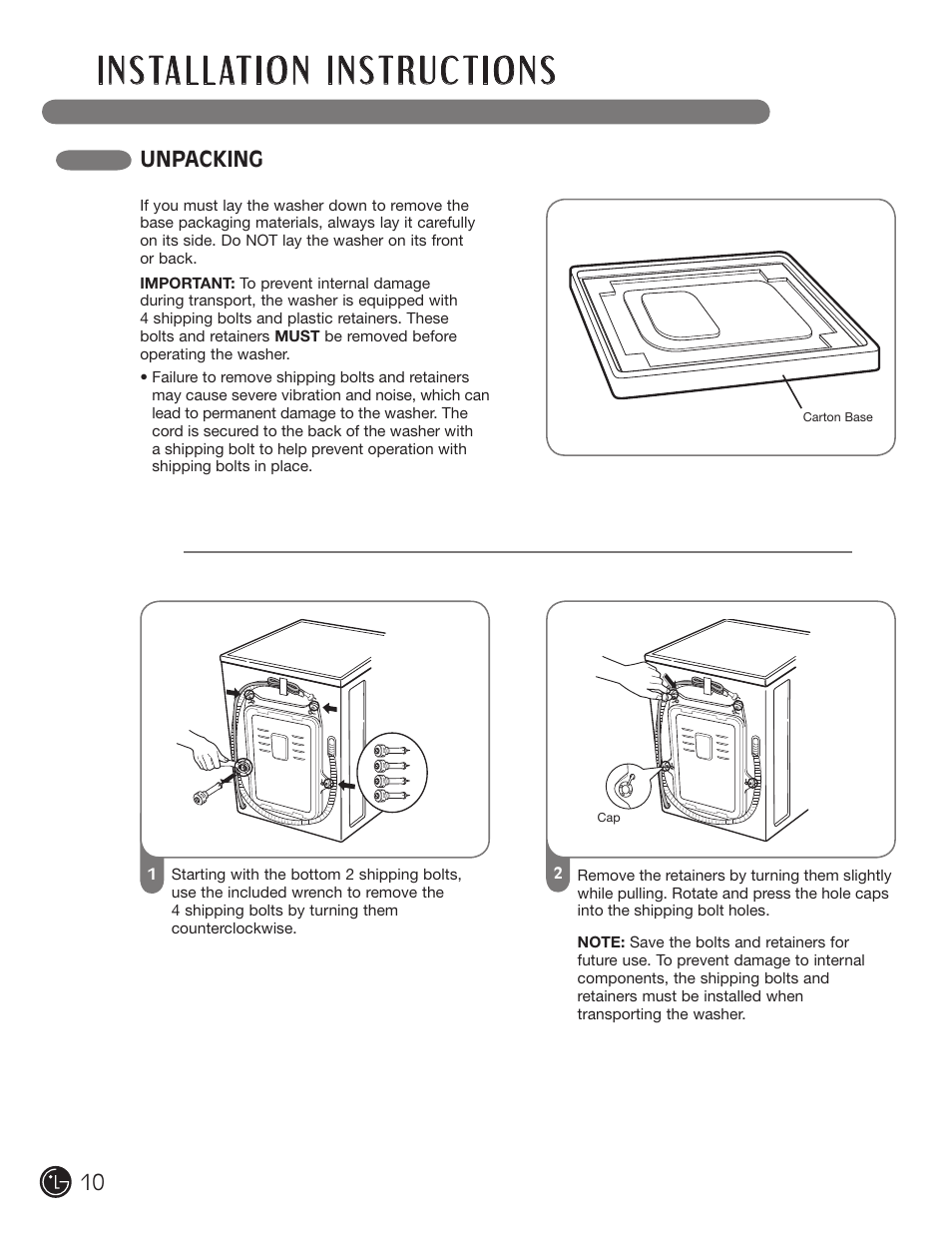 Unpacking 10 | LG WM3455HS User Manual | Page 10 / 108