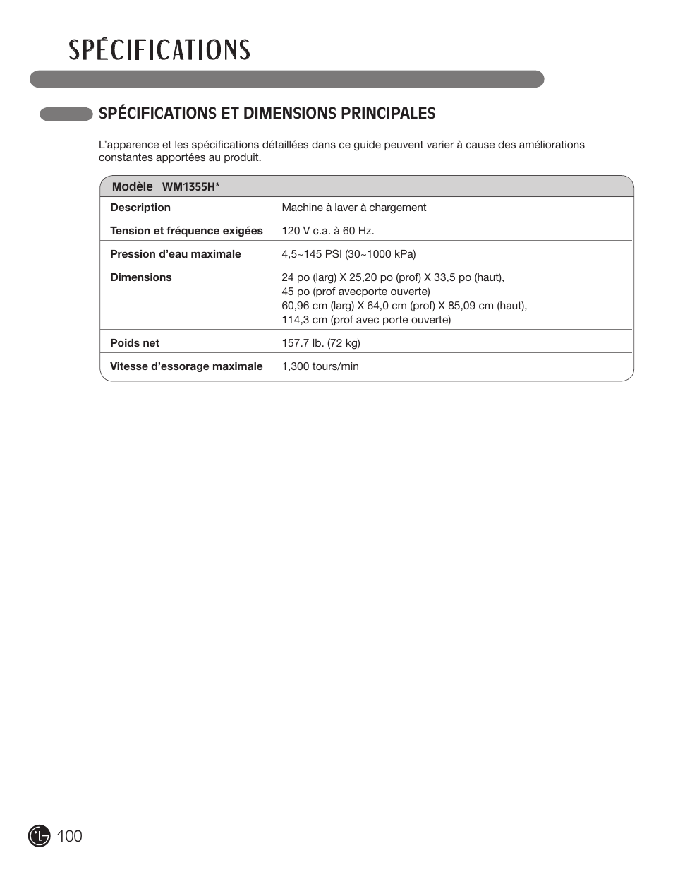 Spécifications et dimensions principales | LG WM3455HS User Manual | Page 100 / 108