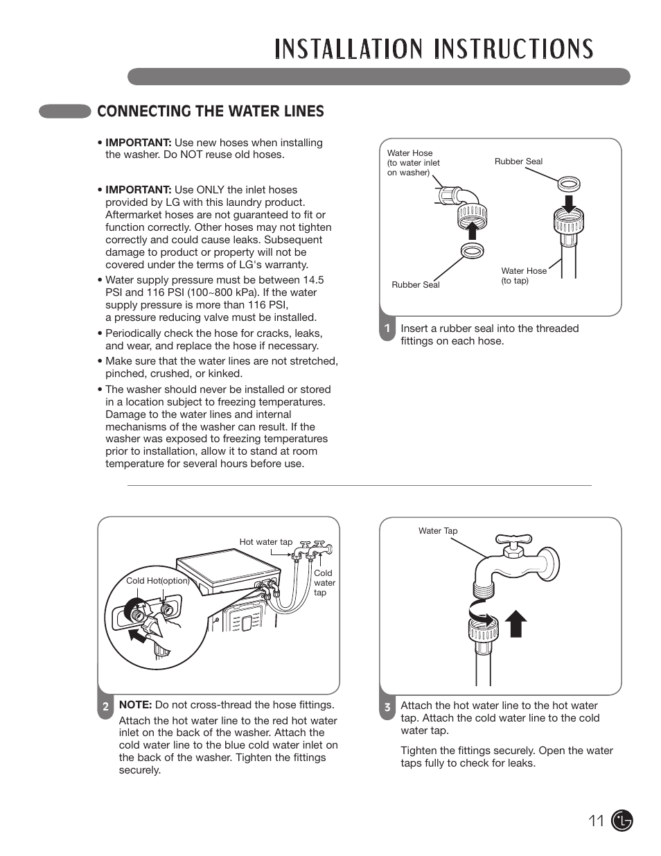 Connecting the water lines | LG WM3455HS User Manual | Page 11 / 108