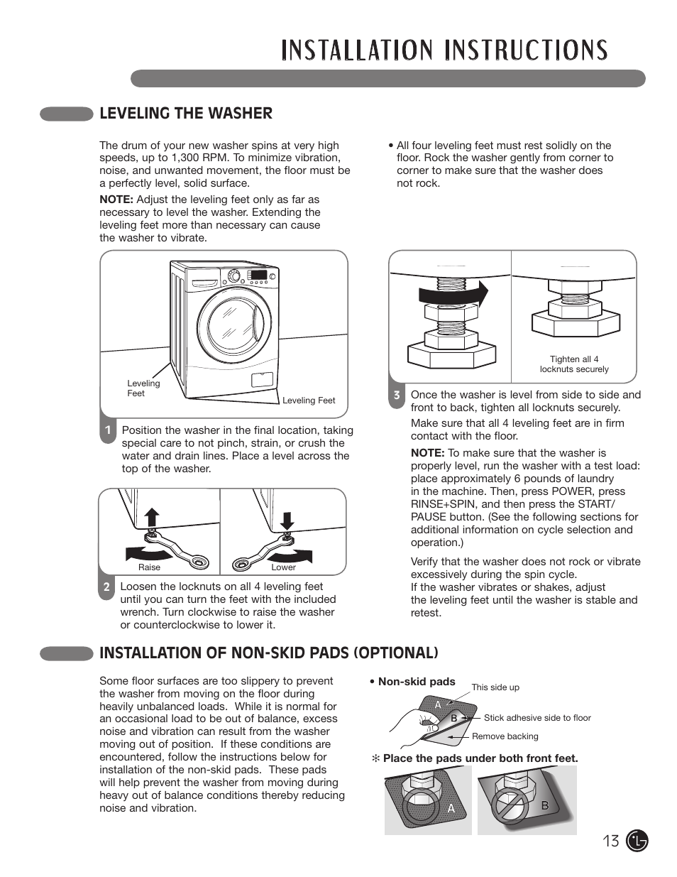 Leveling the washer, Installation of non-skid pads (optional) | LG WM3455HS User Manual | Page 13 / 108