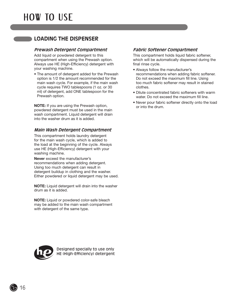 H o w to u s e, Loading the dispenser | LG WM3455HS User Manual | Page 16 / 108
