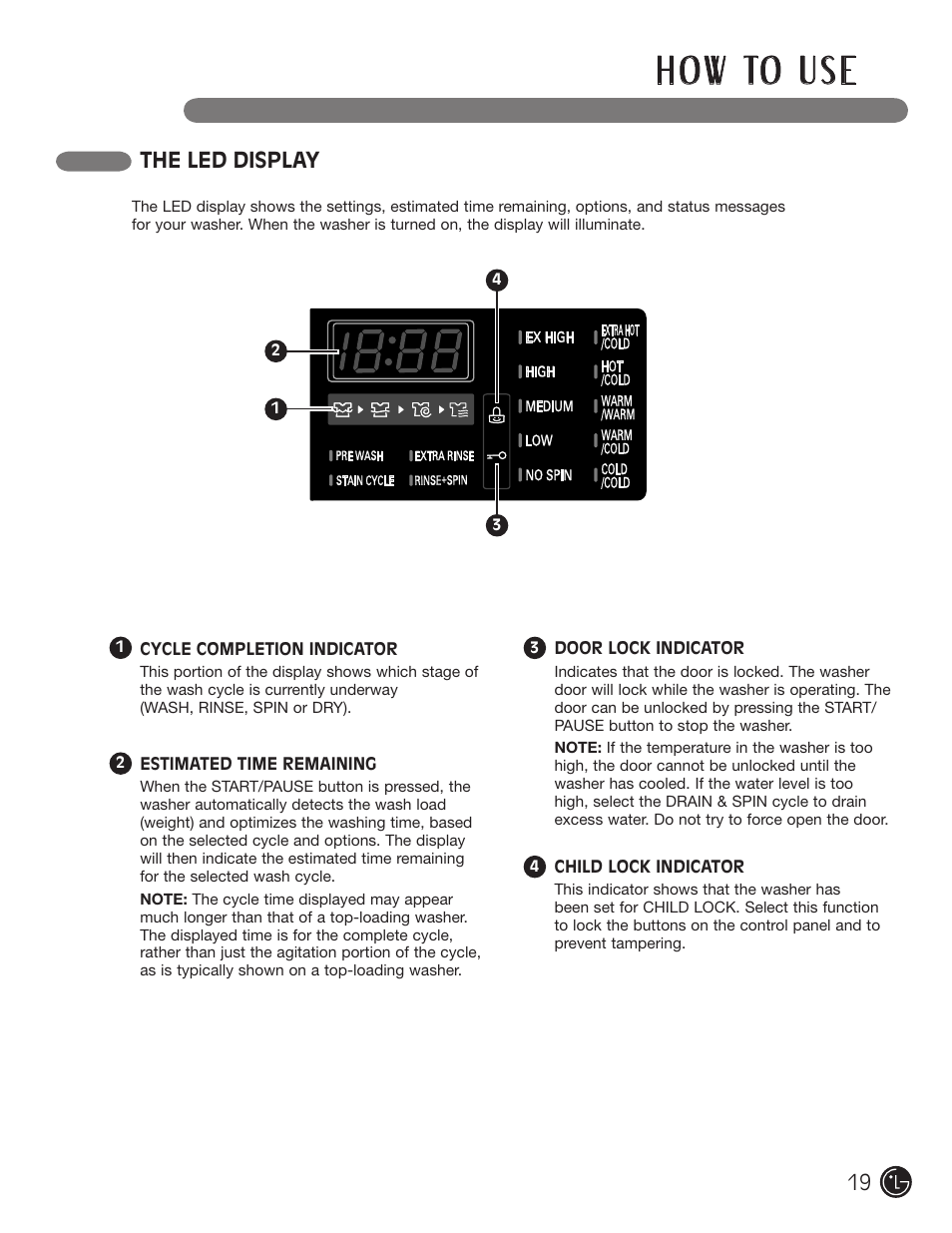 H o w to u s e, The led display | LG WM3455HS User Manual | Page 19 / 108