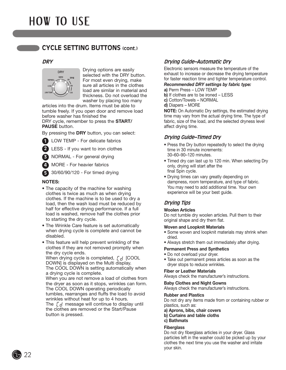 H o w to u s e, Cycle setting buttons | LG WM3455HS User Manual | Page 22 / 108