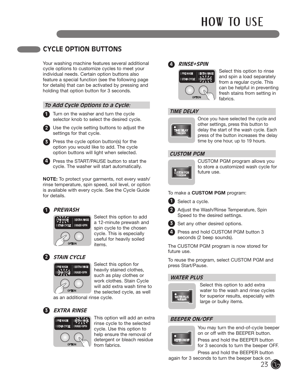 H o w to u s e, Cycle option buttons | LG WM3455HS User Manual | Page 23 / 108