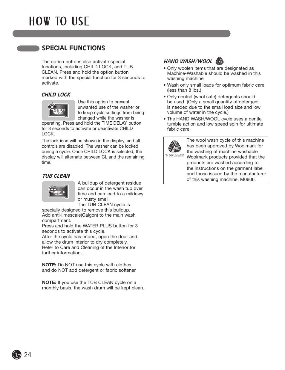H o w to u s e, Special functions | LG WM3455HS User Manual | Page 24 / 108