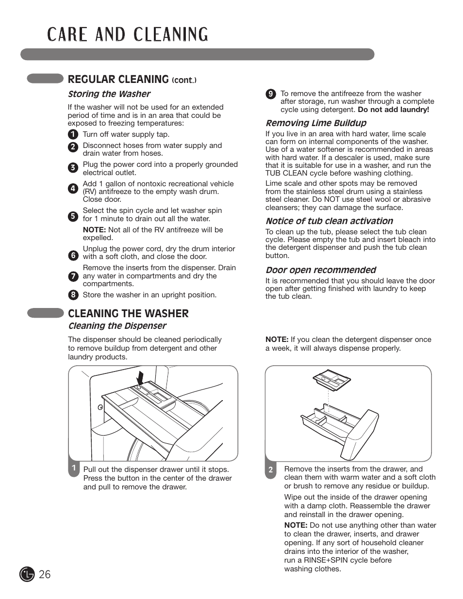 Regular cleaning, Cleaning the washer | LG WM3455HS User Manual | Page 26 / 108