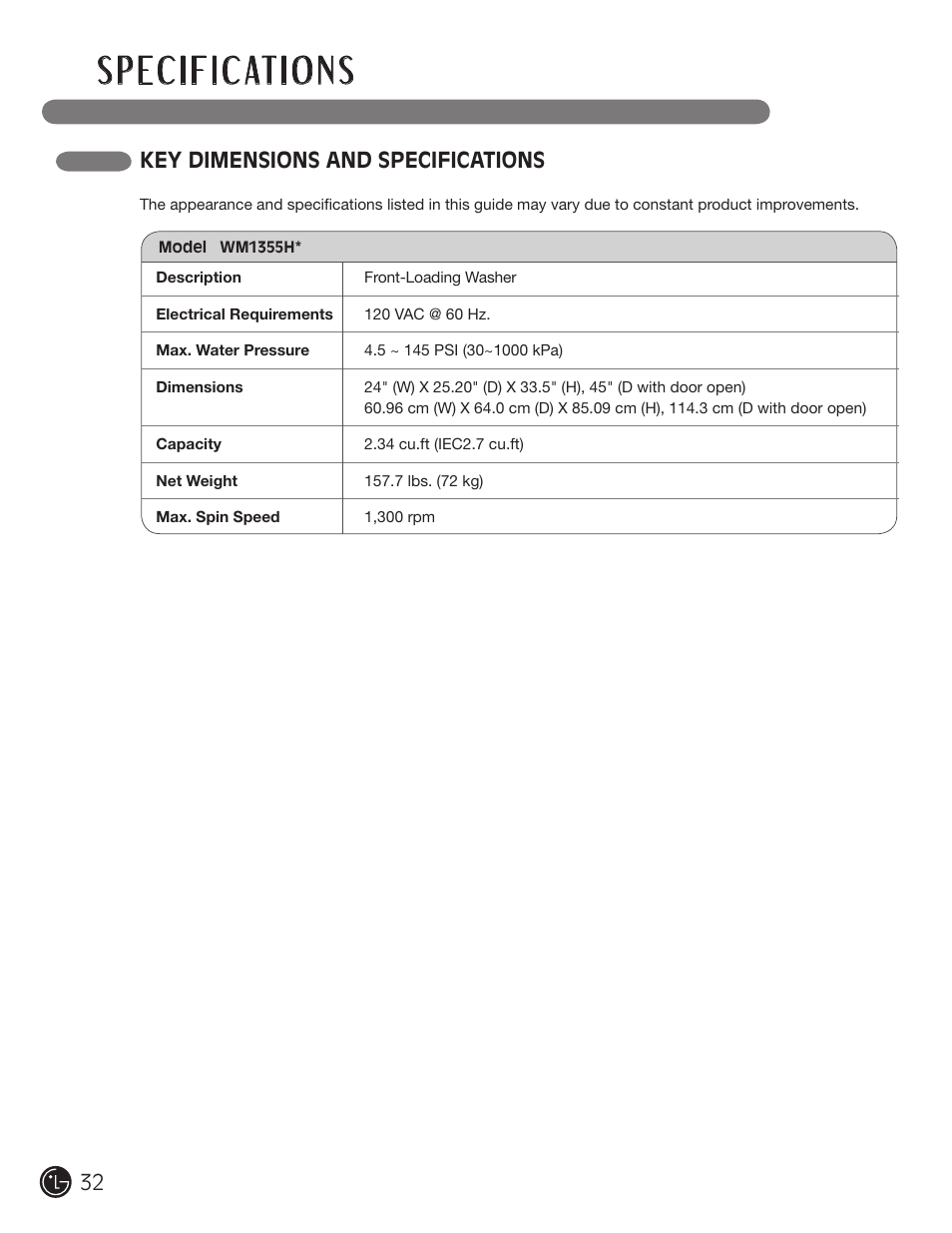 Key dimensions and specifications | LG WM3455HS User Manual | Page 32 / 108