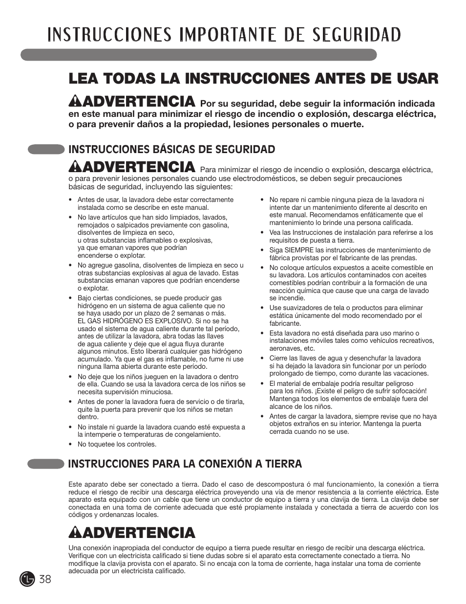 Wadvertencia, Lea todas la instrucciones antes de usar, Instrucciones básicas de seguridad | Instrucciones para la conexión a tierra | LG WM3455HS User Manual | Page 38 / 108