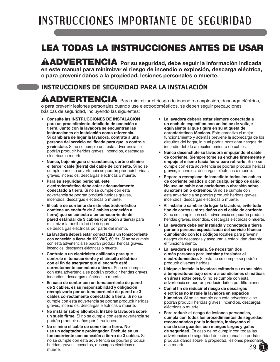 Wadvertencia, Lea todas la instrucciones antes de usar, Instrucciones de seguridad para la instalación | LG WM3455HS User Manual | Page 39 / 108