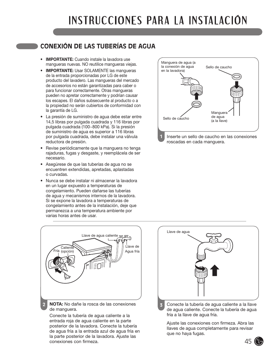 Conexión de las tuberías de agua | LG WM3455HS User Manual | Page 45 / 108