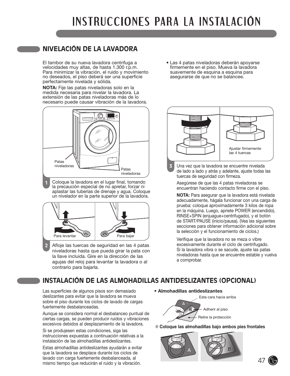 Nivelación de la lavadora | LG WM3455HS User Manual | Page 47 / 108