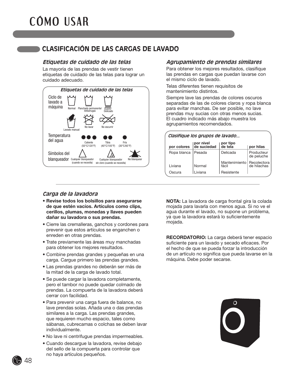 Clasificación de las cargas de lavado | LG WM3455HS User Manual | Page 48 / 108
