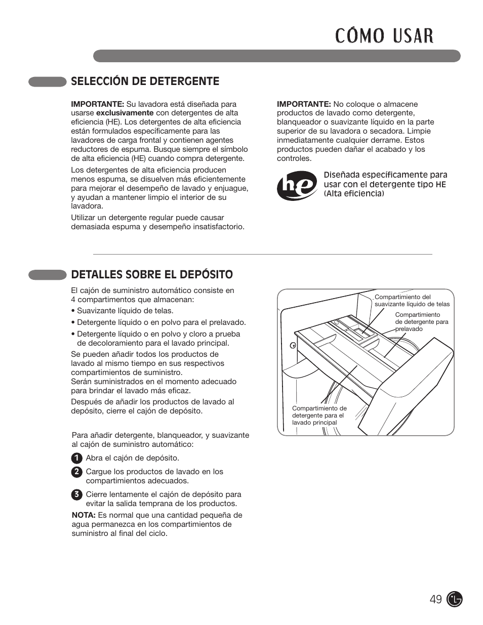 Selección de detergente detalles sobre el depósito | LG WM3455HS User Manual | Page 49 / 108
