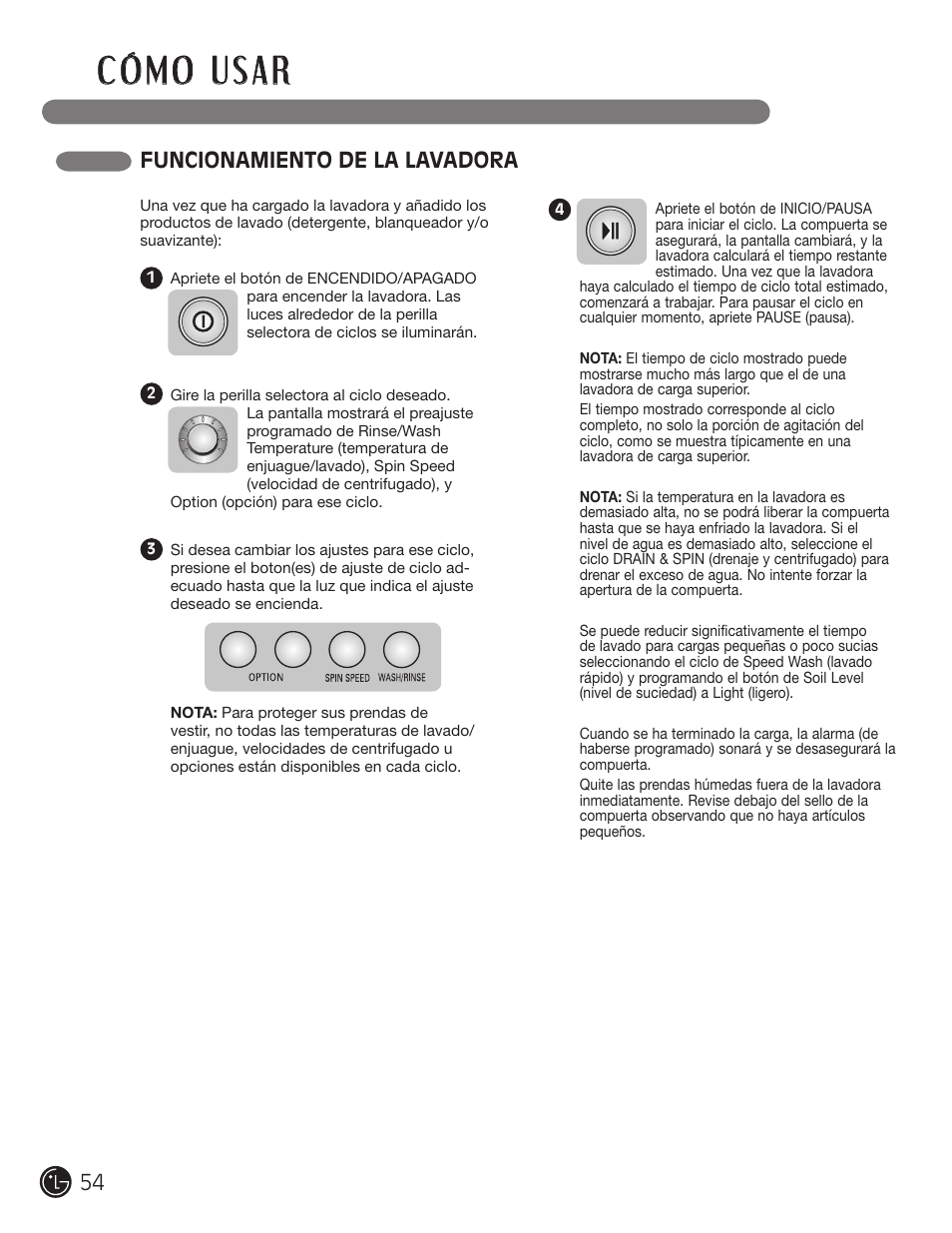 Funcionamiento de la lavadora | LG WM3455HS User Manual | Page 54 / 108
