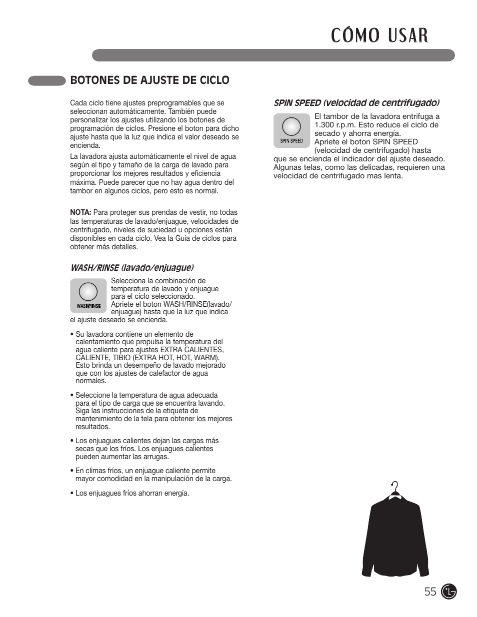 Botones de ajuste de ciclo | LG WM3455HS User Manual | Page 55 / 108