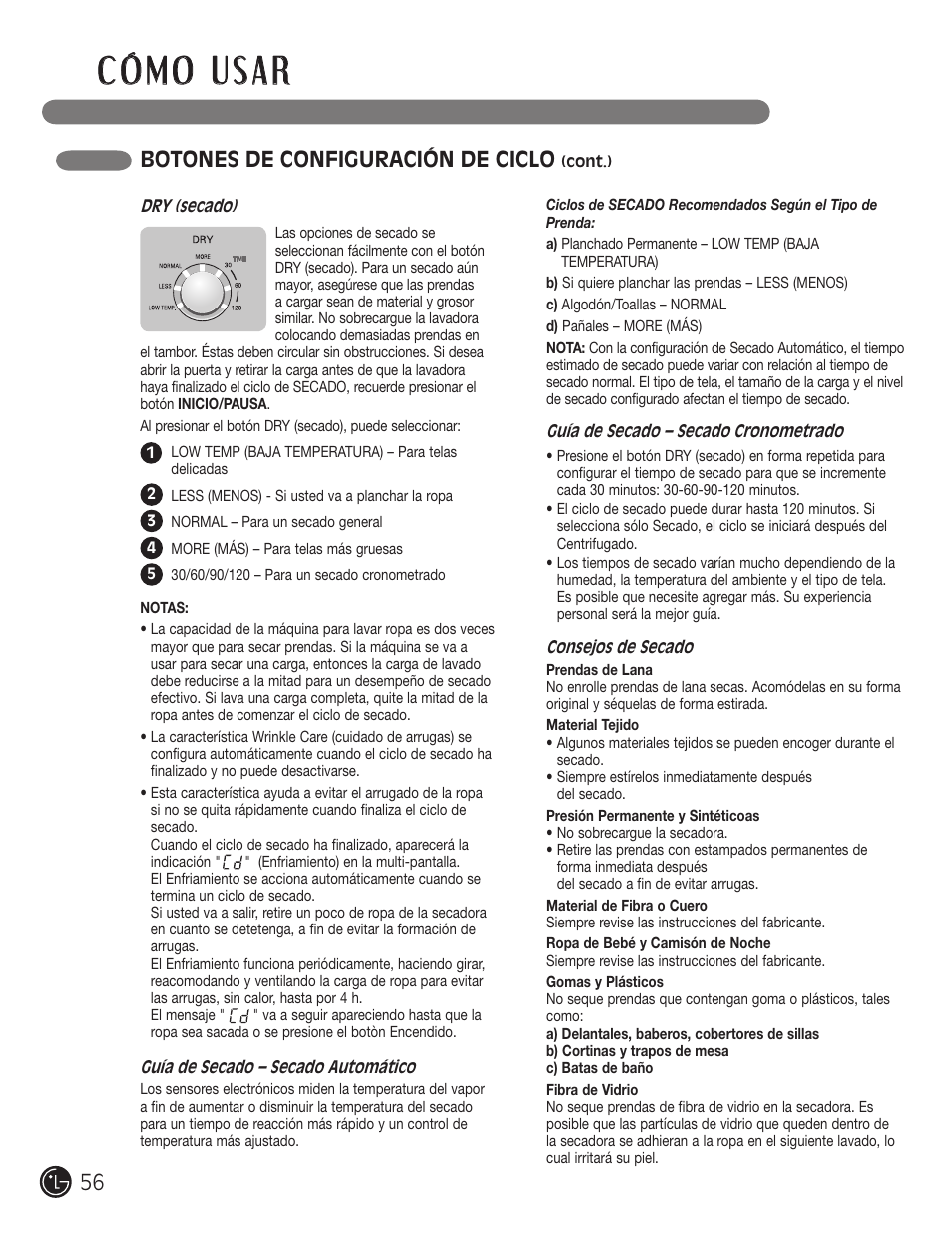 Botones de configuración de ciclo | LG WM3455HS User Manual | Page 56 / 108