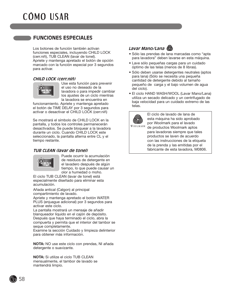 Funciones especiales | LG WM3455HS User Manual | Page 58 / 108