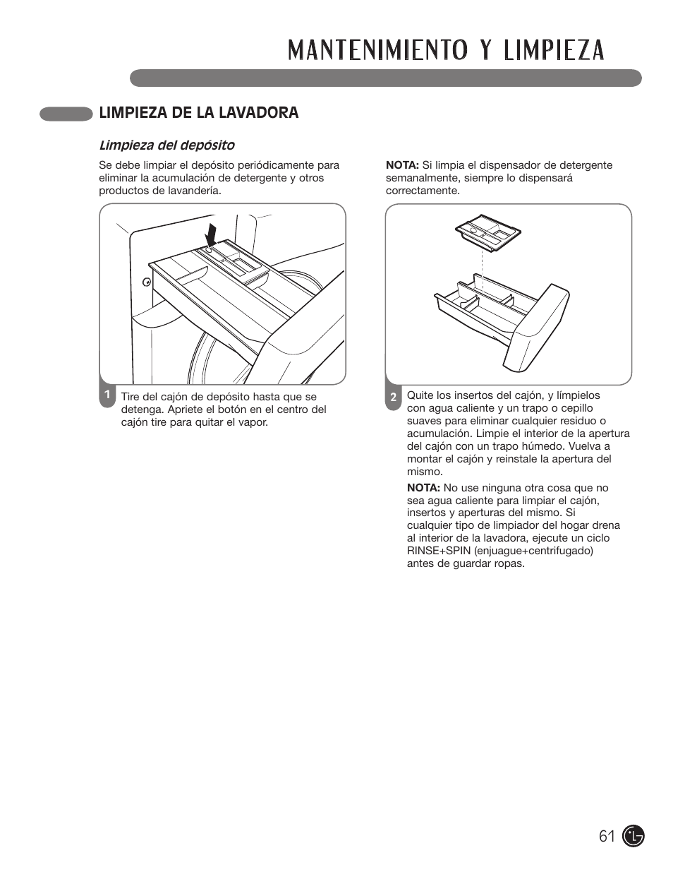 Limpieza de la lavadora | LG WM3455HS User Manual | Page 61 / 108
