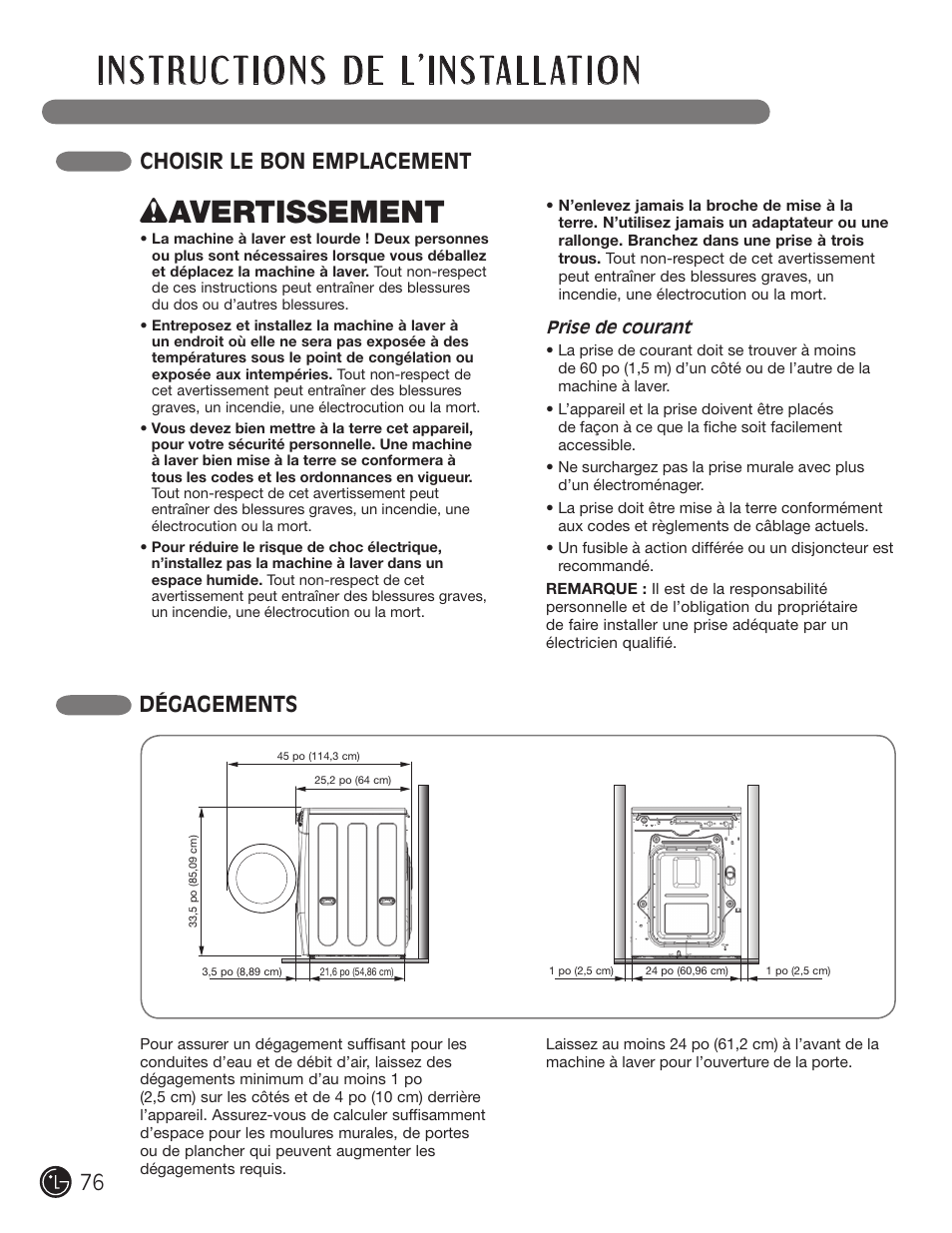 Wavertissement, Choisir le bon emplacement dégagements | LG WM3455HS User Manual | Page 76 / 108