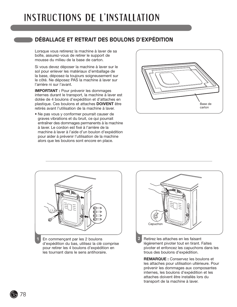 Déballage et retrait des boulons d’expédition | LG WM3455HS User Manual | Page 78 / 108