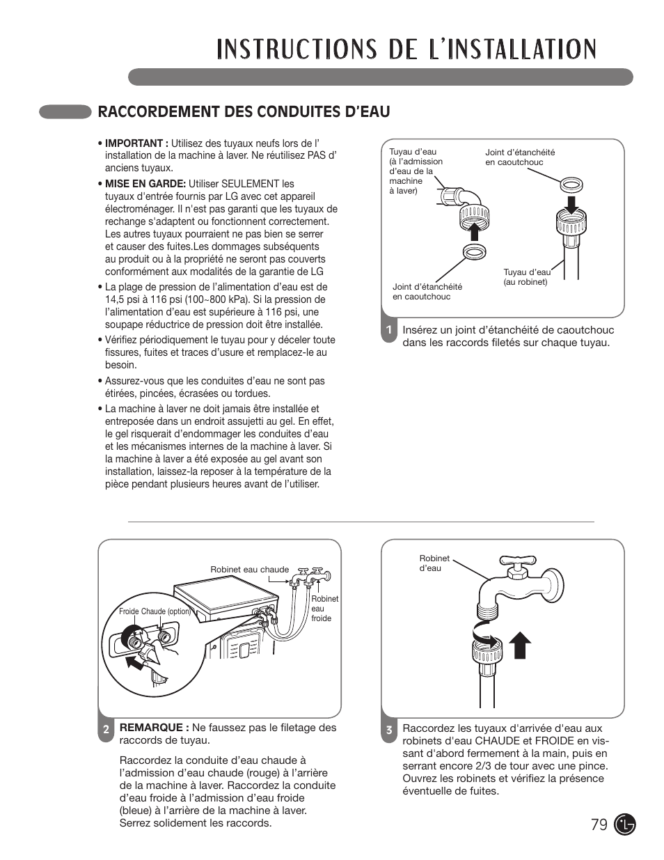 Raccordement des conduites d’eau | LG WM3455HS User Manual | Page 79 / 108