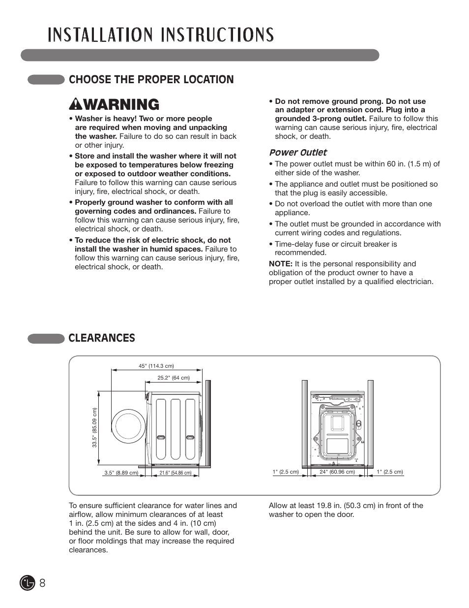 Wwarning, Choose the proper location clearances | LG WM3455HS User Manual | Page 8 / 108