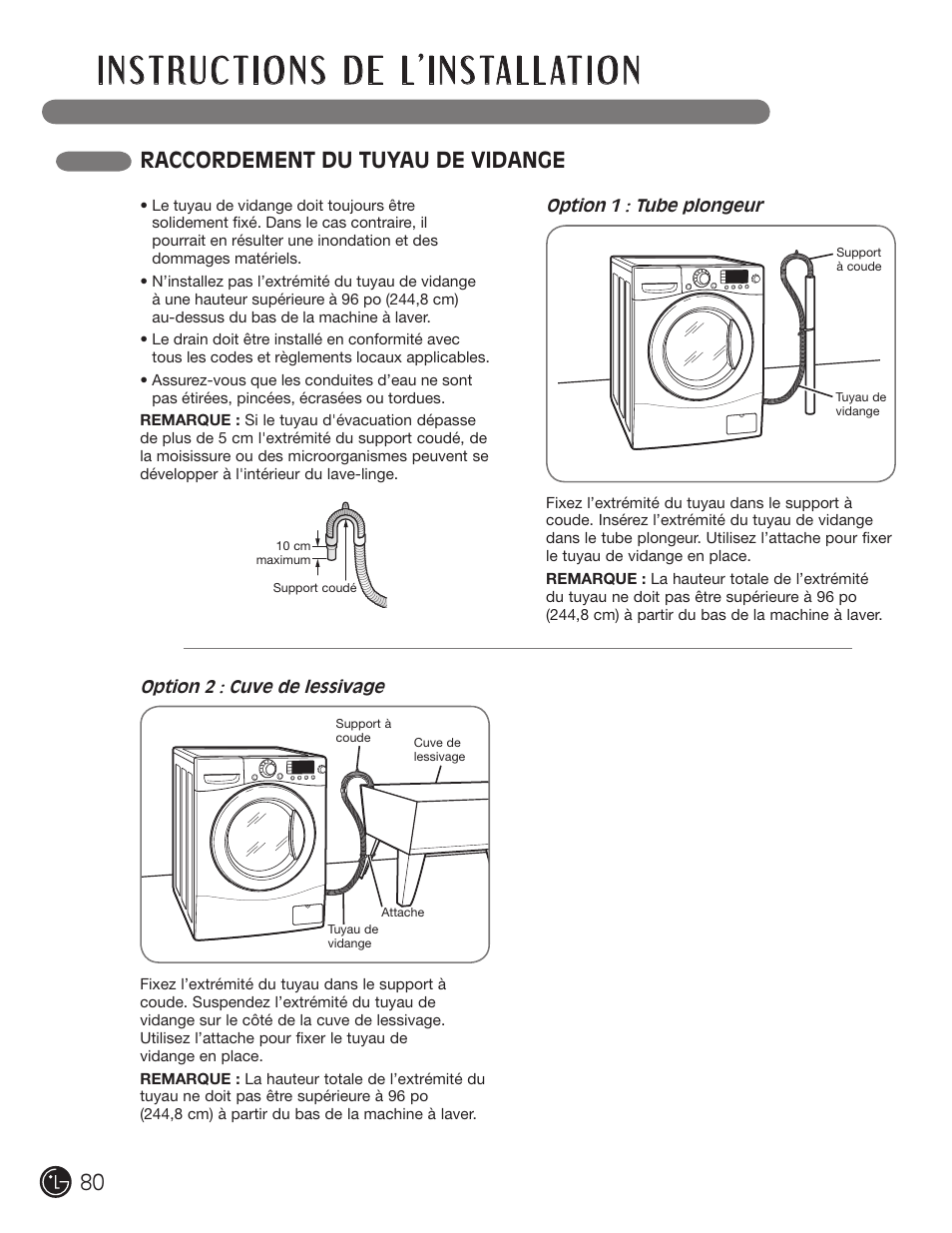 Raccordement du tuyau de vidange | LG WM3455HS User Manual | Page 80 / 108