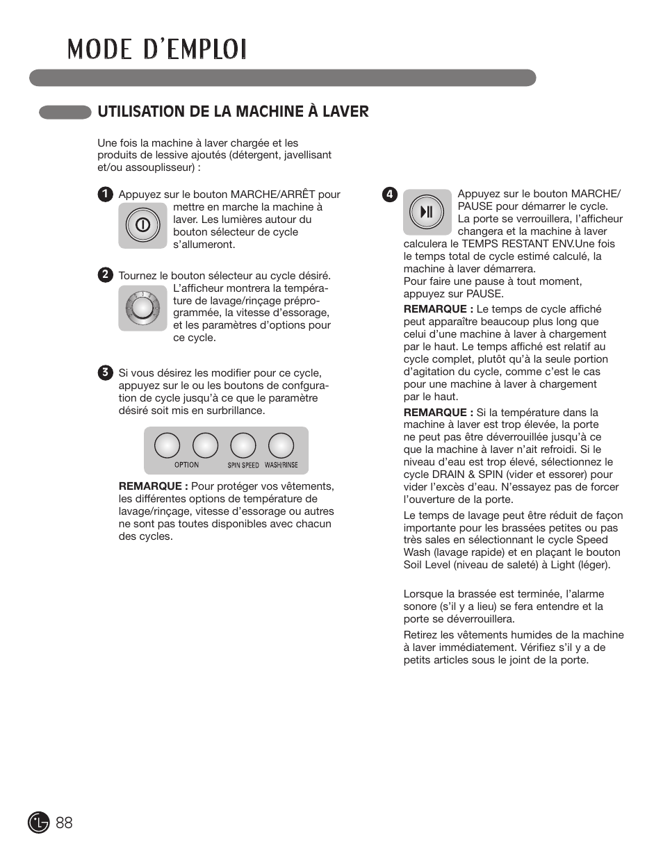 Utilisation de la machine à laver | LG WM3455HS User Manual | Page 88 / 108