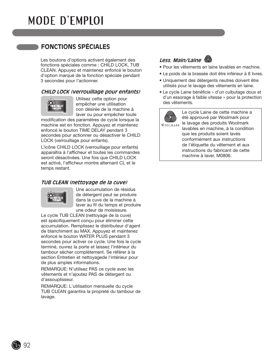 Fonctions spéciales | LG WM3455HS User Manual | Page 92 / 108