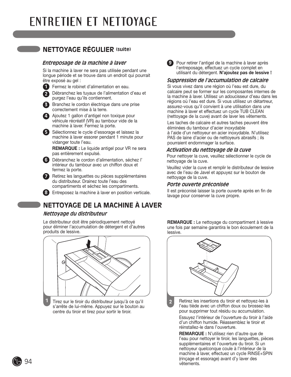 Nettoyage régulier, Nettoyage de la machine à laver | LG WM3455HS User Manual | Page 94 / 108