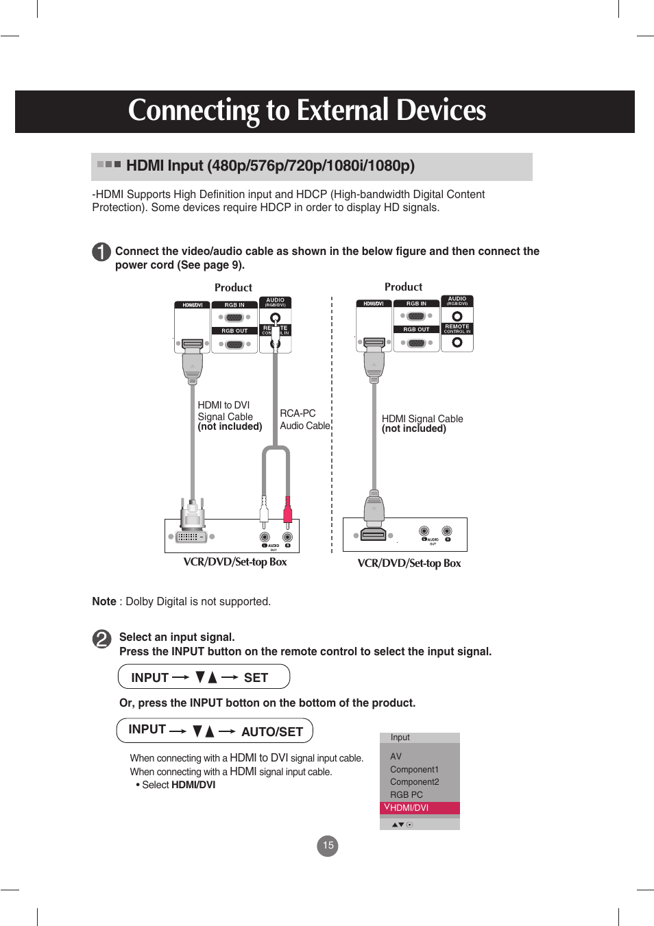 Hdmi input (480p/576p/720p/1080i/1080p), Connecting to external devices | LG M3702C-BH User Manual | Page 16 / 67