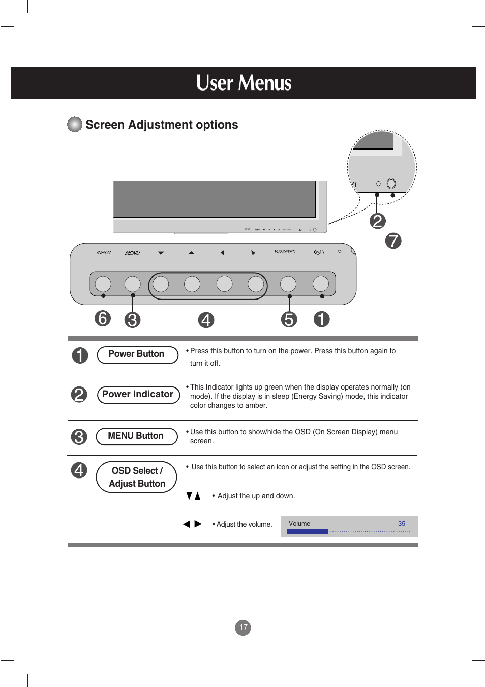 User menus, Screen adjustment options | LG M3702C-BH User Manual | Page 18 / 67