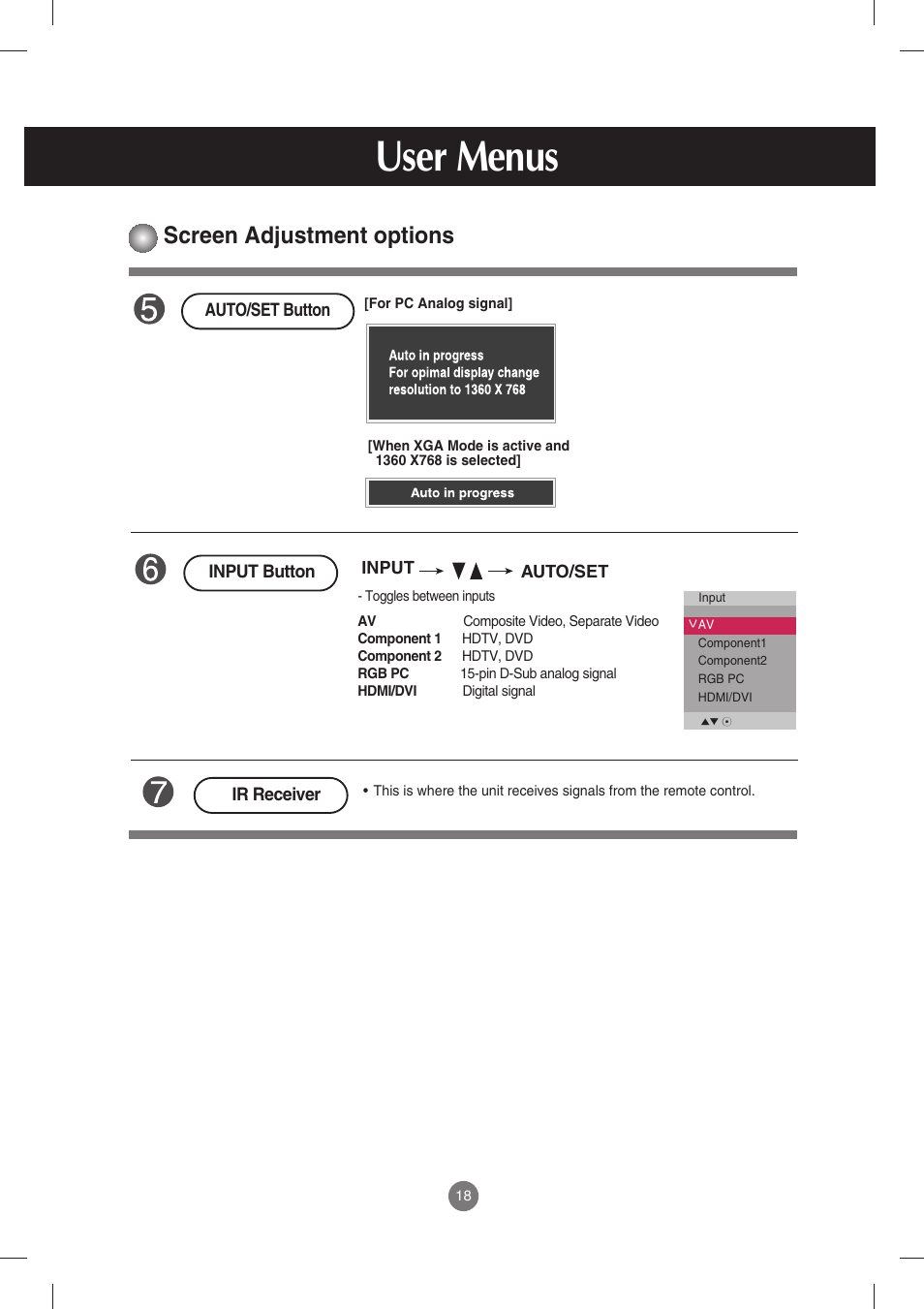 User menus, Screen adjustment options | LG M3702C-BH User Manual | Page 19 / 67
