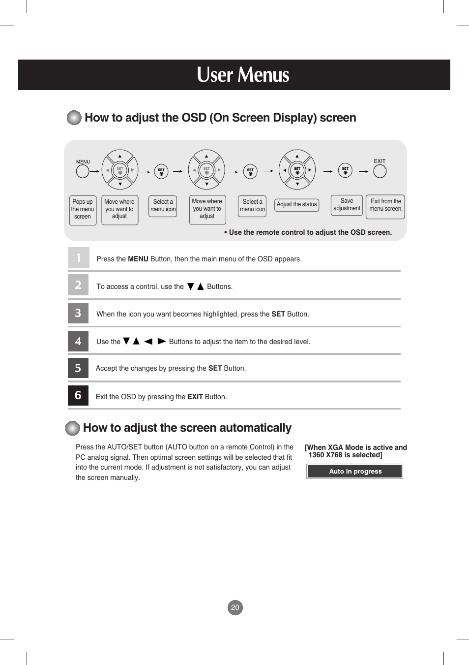 How to adjust the osd (on screen display) screen, How to adjust the screen automatically, User menus | LG M3702C-BH User Manual | Page 21 / 67