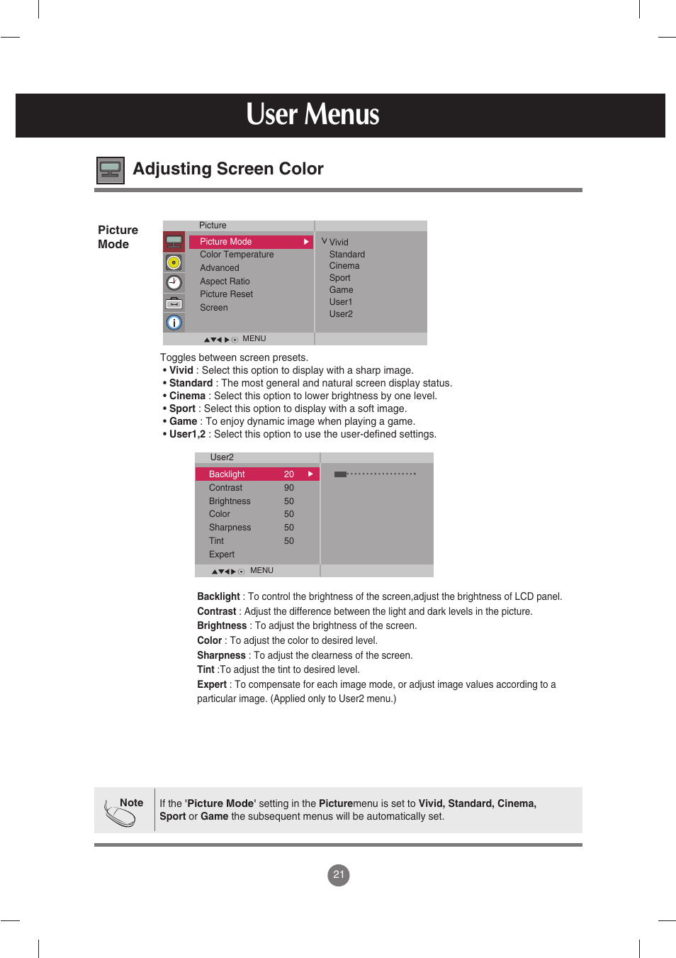 Adjusting screen color, User menus | LG M3702C-BH User Manual | Page 22 / 67