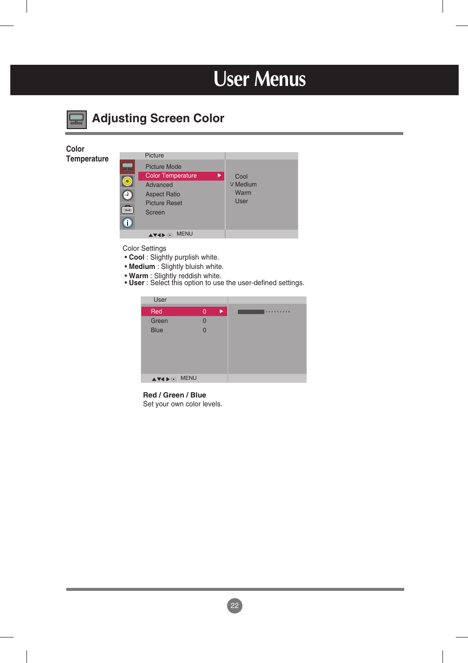 User menus, Adjusting screen color | LG M3702C-BH User Manual | Page 23 / 67
