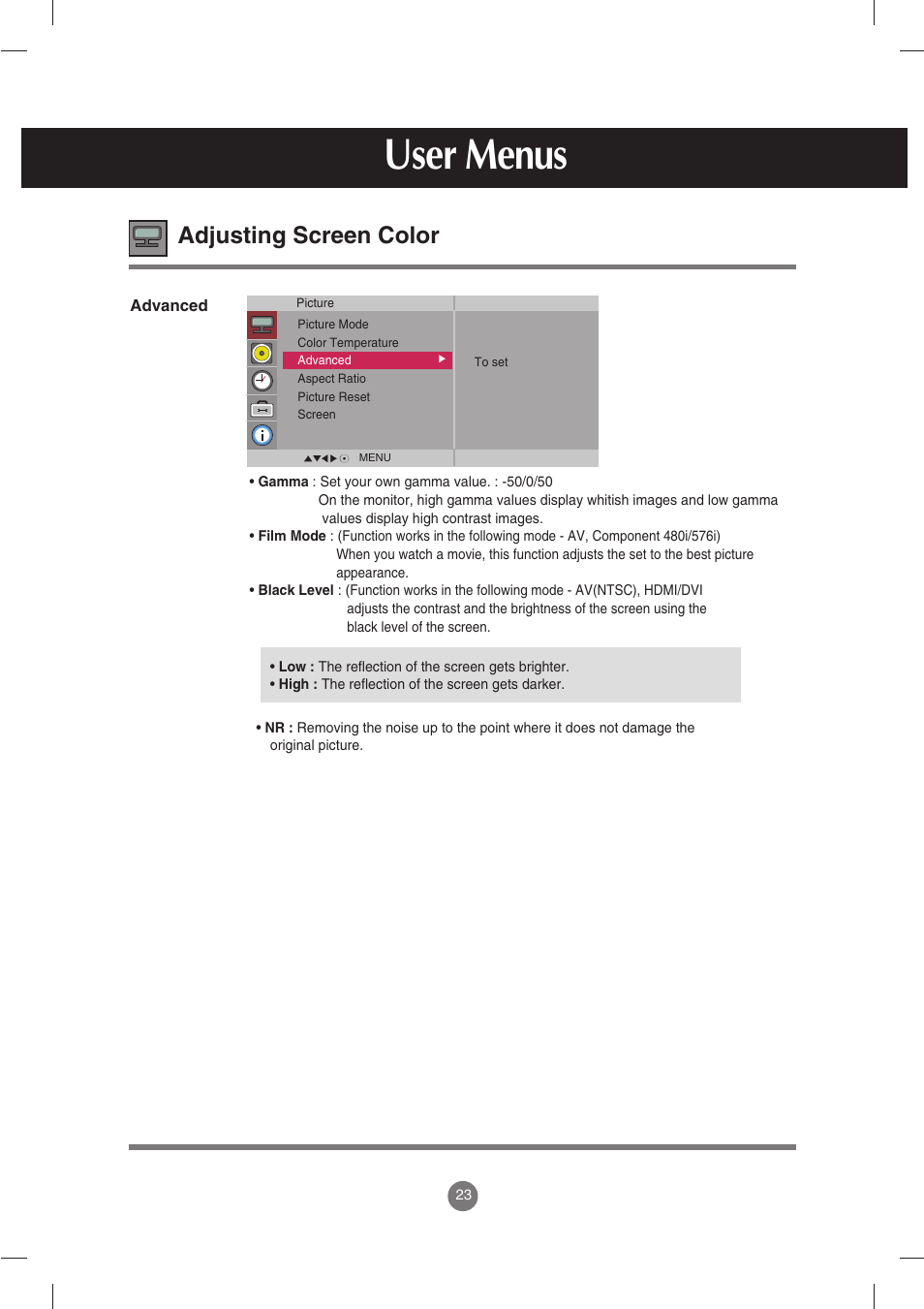 User menus, Adjusting screen color | LG M3702C-BH User Manual | Page 24 / 67