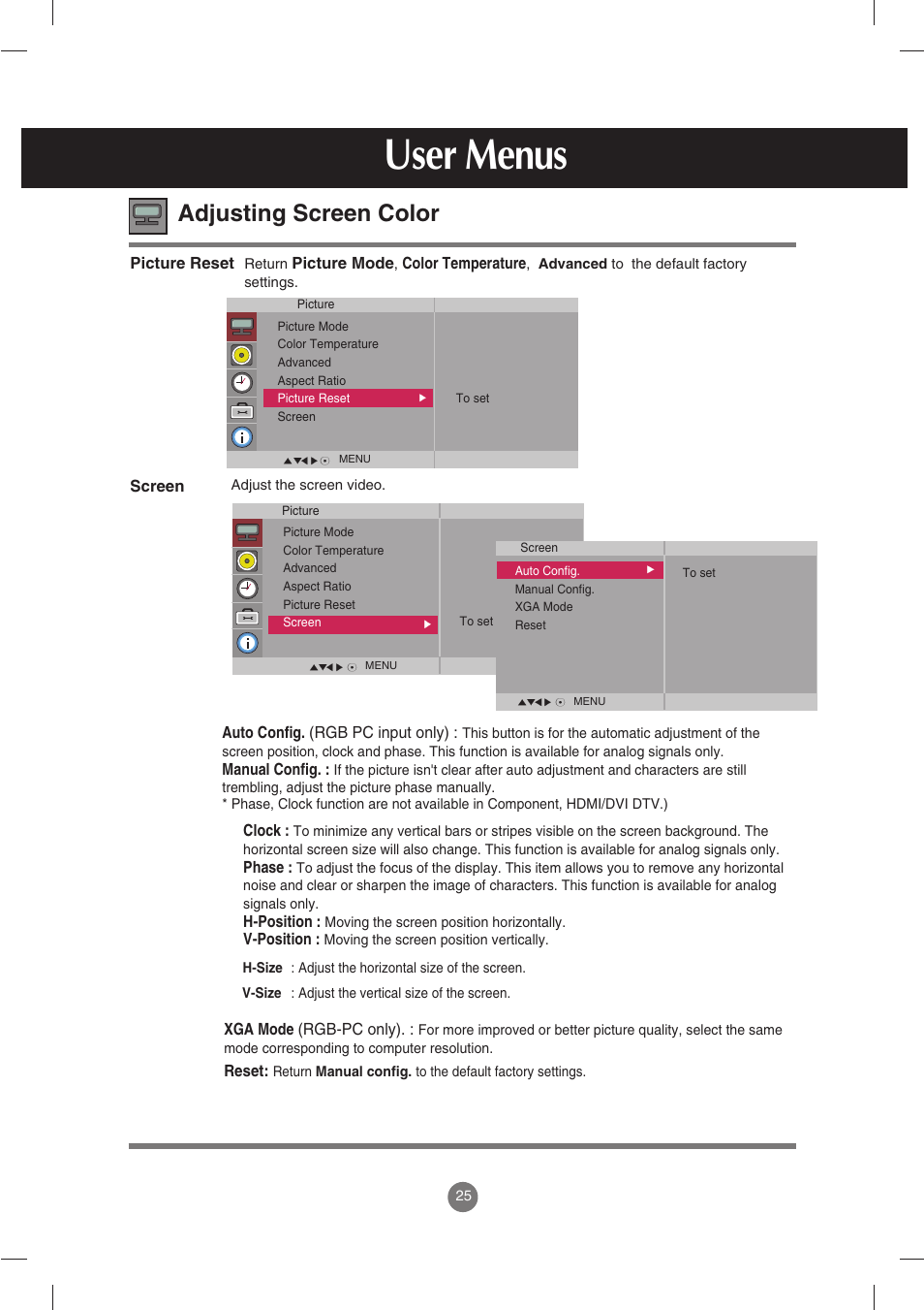 User menus, Adjusting screen color | LG M3702C-BH User Manual | Page 26 / 67