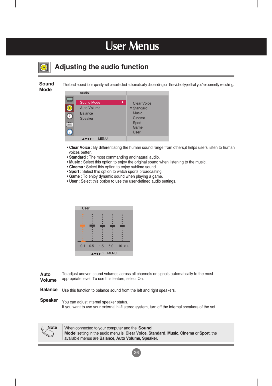 Adjusting the audio function, User menus | LG M3702C-BH User Manual | Page 27 / 67