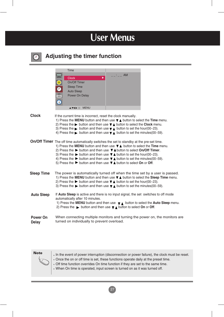 Adjusting the timer function, User menus | LG M3702C-BH User Manual | Page 28 / 67