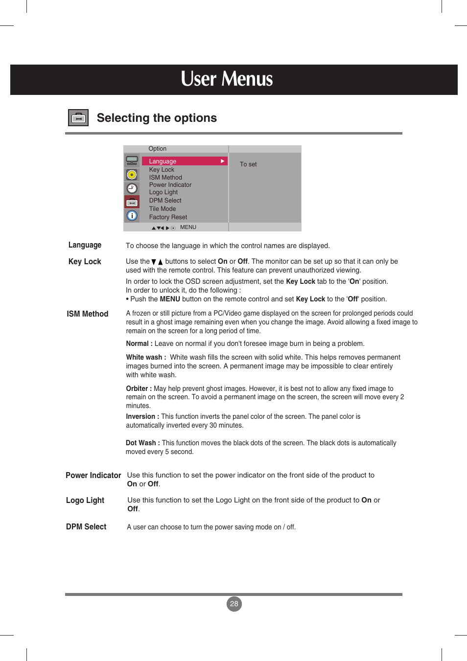 Selecting the options, User menus | LG M3702C-BH User Manual | Page 29 / 67