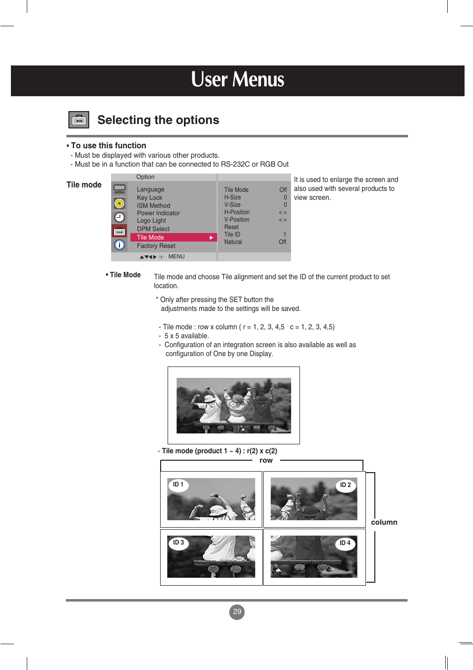 User menus, Selecting the options | LG M3702C-BH User Manual | Page 30 / 67