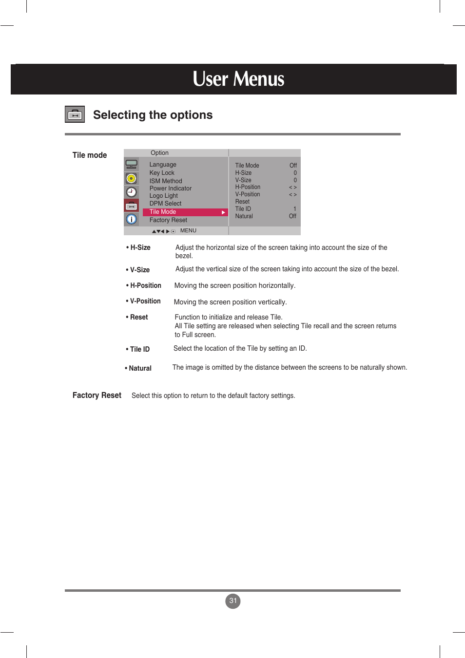 User menus, Selecting the options | LG M3702C-BH User Manual | Page 32 / 67