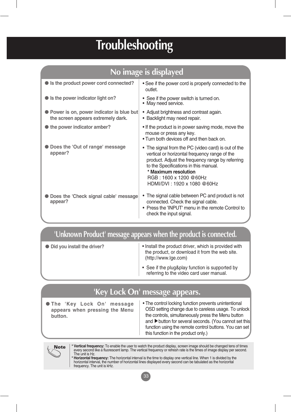 Troubleshooting, No image is displayed, Key lock on' message appears | LG M3702C-BH User Manual | Page 34 / 67