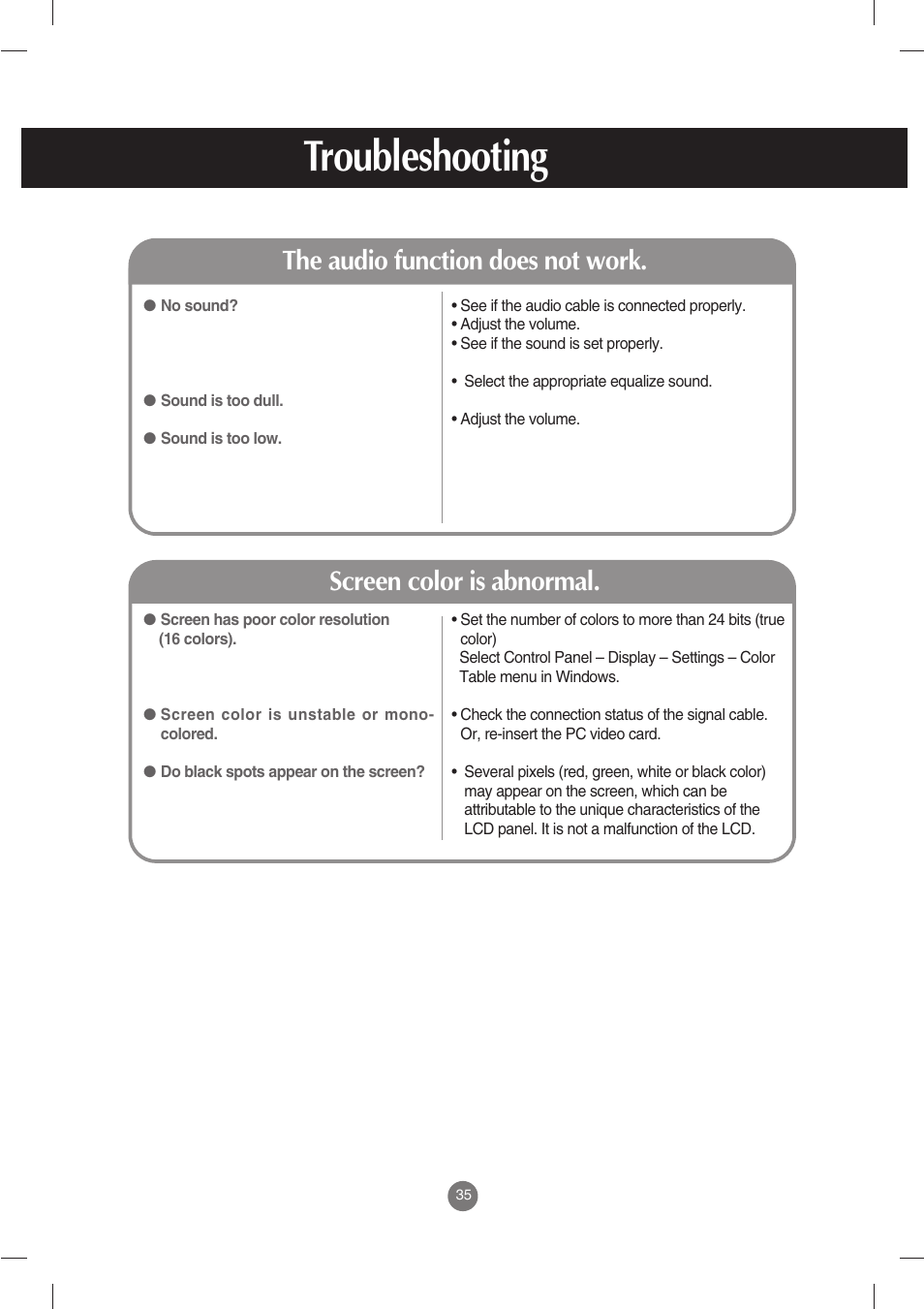 The audio function does not work, Screen color is abnormal, Troubleshooting | LG M3702C-BH User Manual | Page 36 / 67