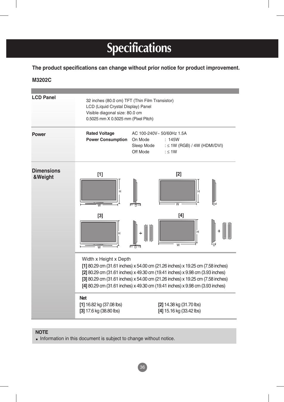Specifications, M3202c | LG M3702C-BH User Manual | Page 37 / 67