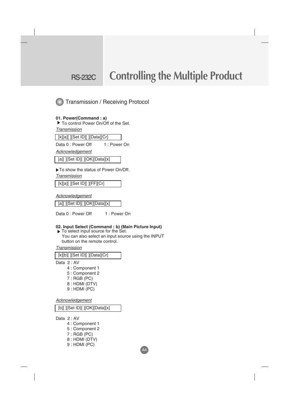 Controlling the multiple product, Rs-232c, Transmission / receiving protocol | LG M3702C-BH User Manual | Page 44 / 67